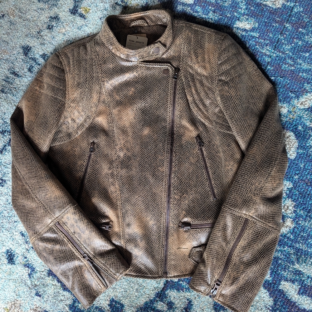 NWT Free People Snakeskin Vegan Leather Jacket size Large